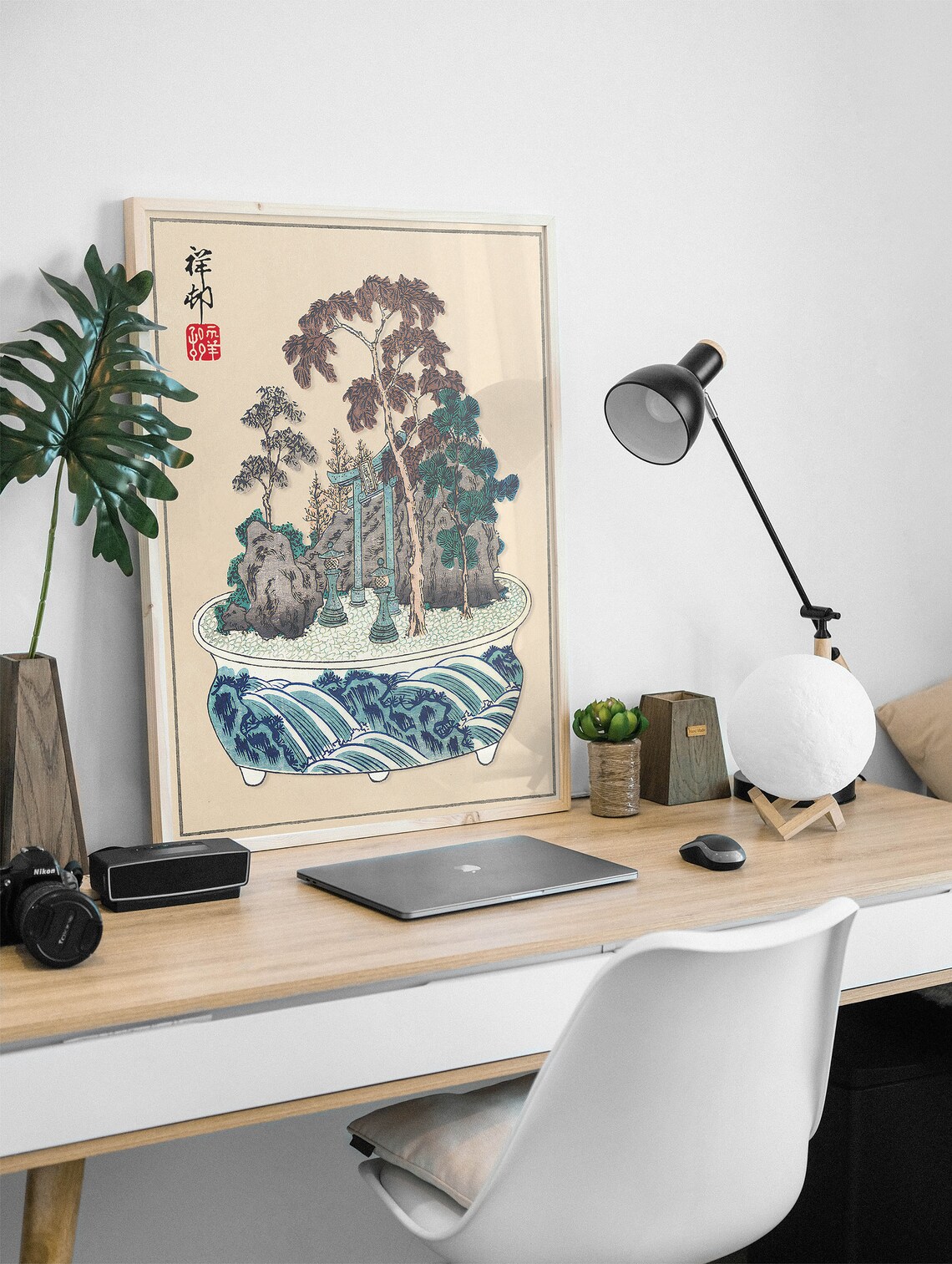Japanese Bonsai Garden with Torii Gate Vintage Woodblock Poster - Image 2