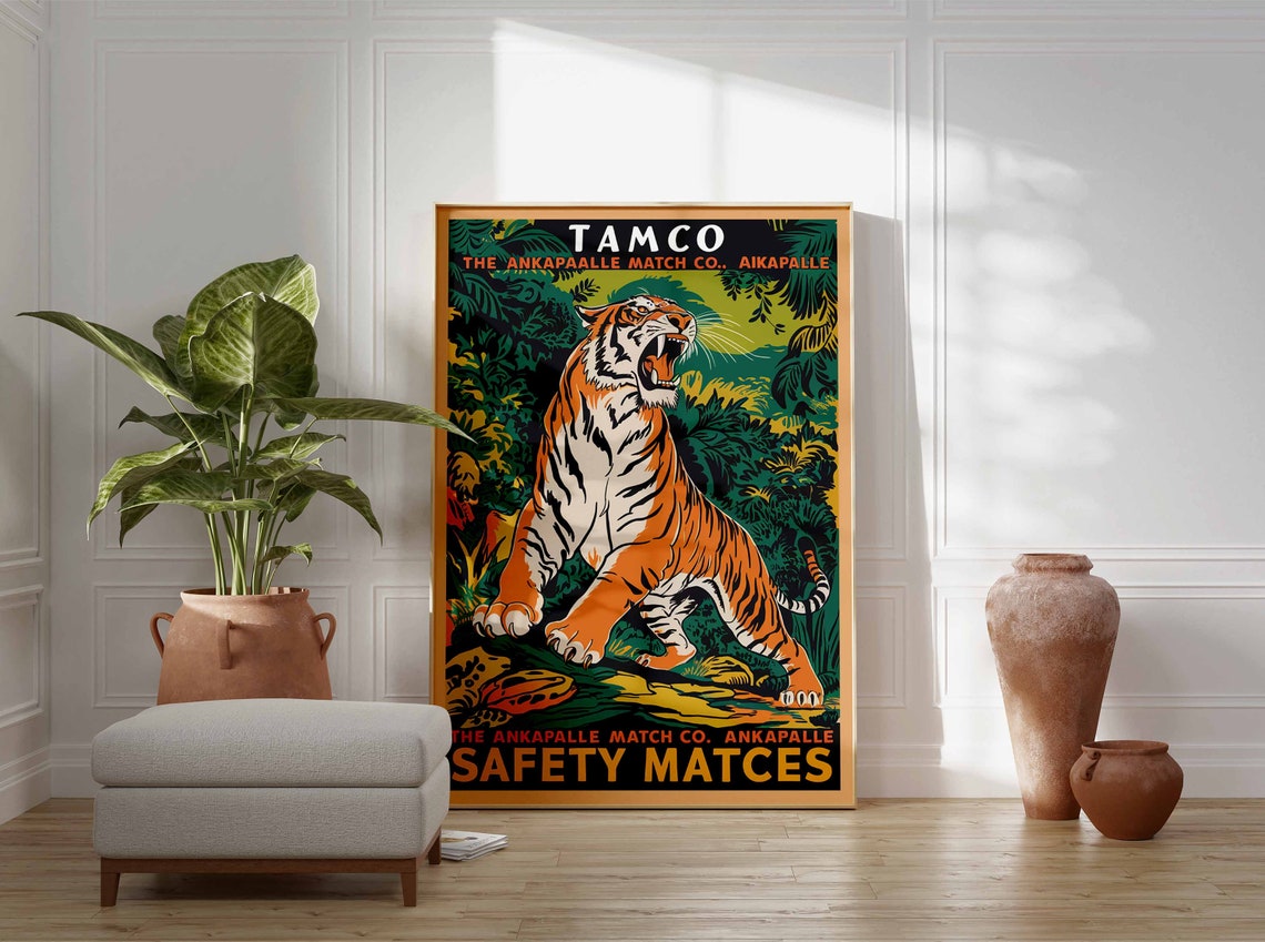 Vintage Tiger Print Indian Tiger Poster Tamco Matchbox Art Animal Print Animal Poster Animal Art Tropical Decor Jungle Art Tiger Art - Image 3