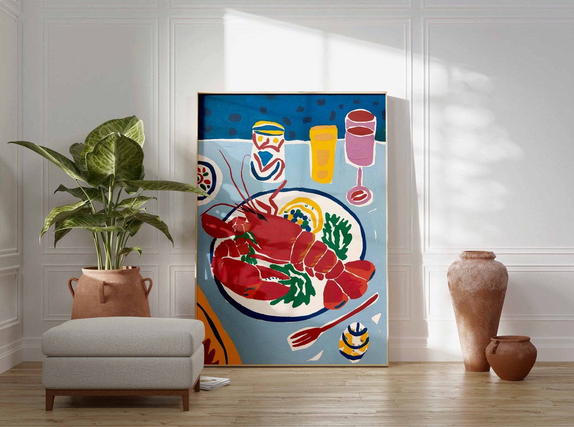 Red Lobster Dinner On A Plate With Drinks Coastal Seafood Poster - Image 3