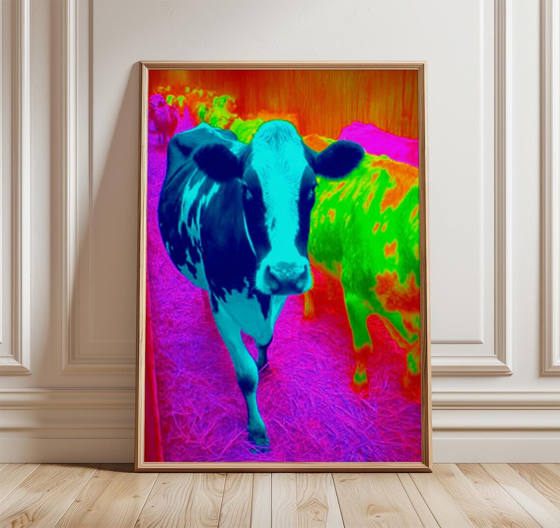 Psychedelic Cow Pop Art Poster, Retro Farm Animal