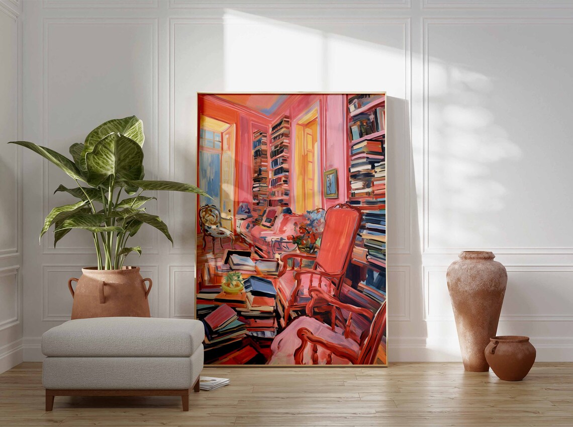 Cozy Vintage Library Interior Pink Room Books Painting Art Poster - Image 3