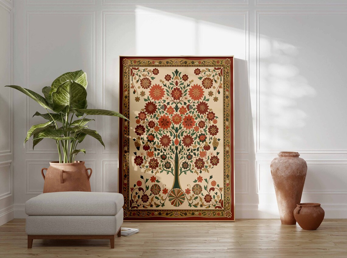 Crimson Dahlia Indian Tree of Life Floral Art Poster Heritage Bloom - Image 2