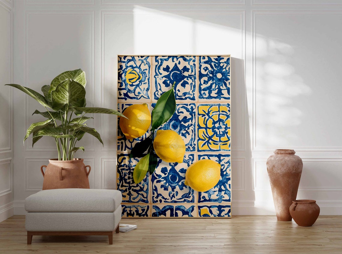 Bright Fresh Three Lemons with Leaves Blue Tile Citrus Art Poster - Image 3