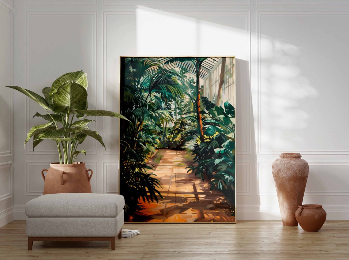 Palm Lined Greenhouse Path Sunlit Conservatory Botanical Art Poster - Image 2