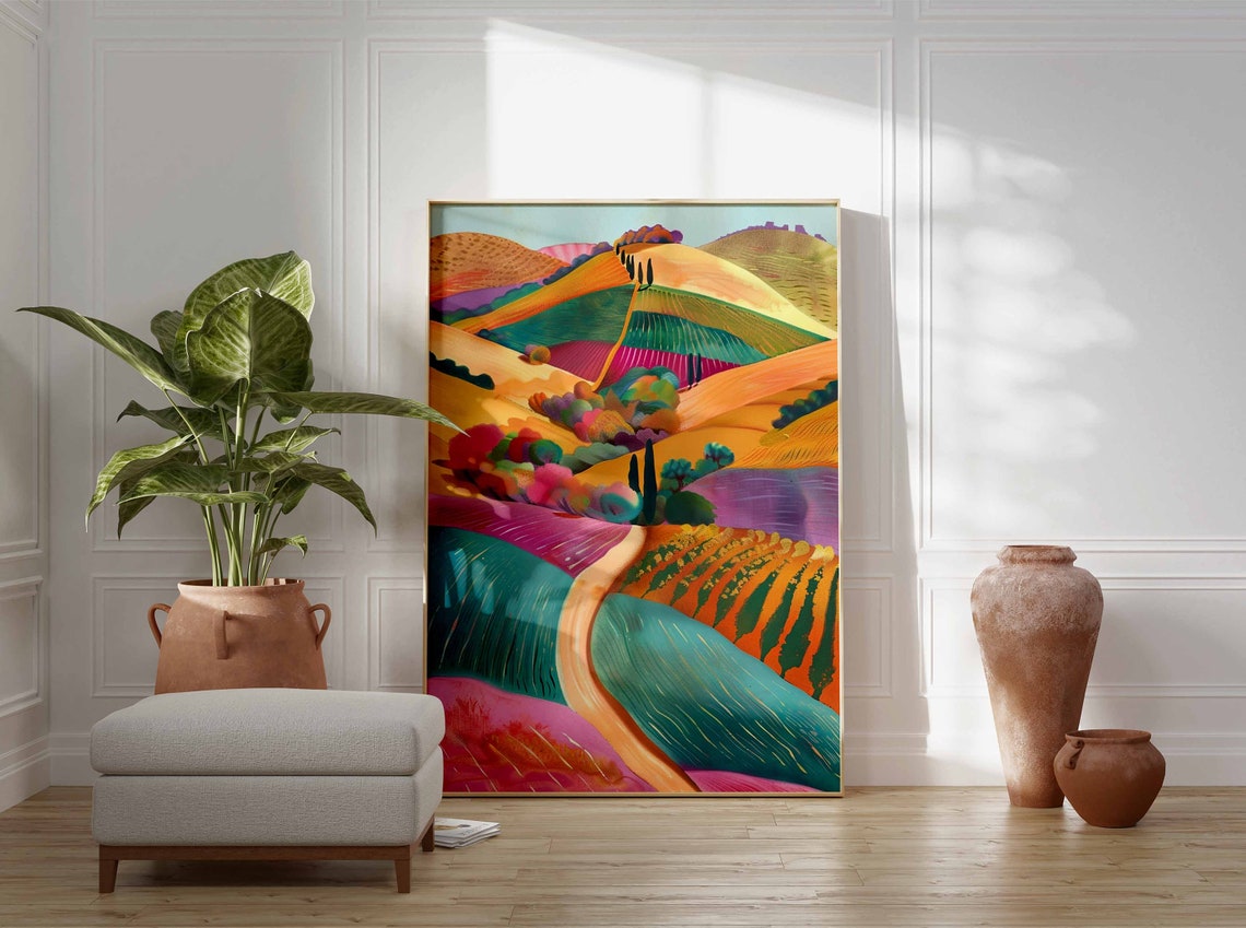 Tuscan Rolling Hills Winding Road Colorful Landscape Art Print - Image 3