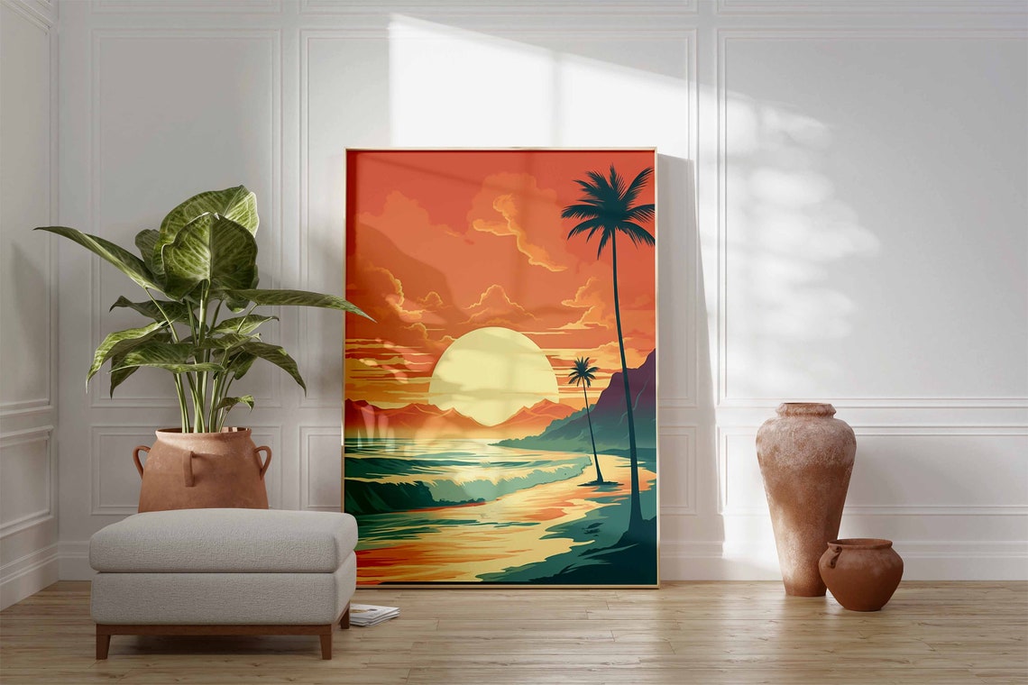 Retro Sunset Surf Beach Palm Trees Waves Picturesque Wall Art - Image 3