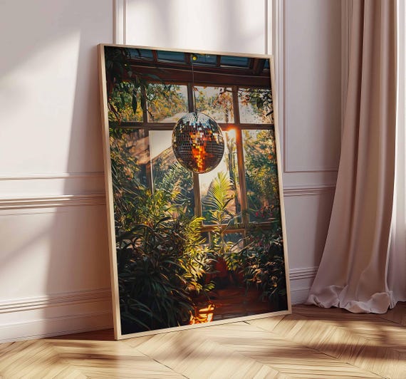 1970s Interior Disco Ball Greenhouse Art Print Tropical Decor 70s Style Retro Funky Houseplant Poster