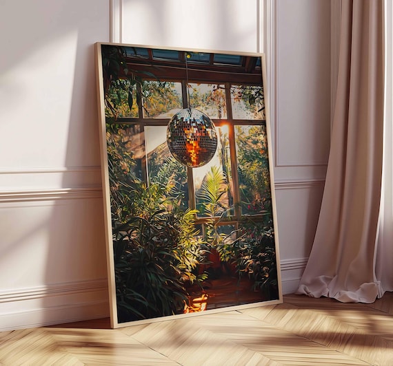 Disco Ball Greenhouse Interior Retro 1970s Tropical Art Poster