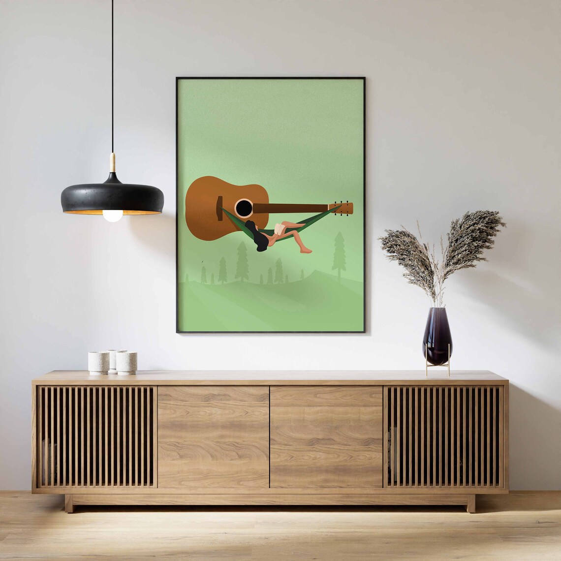 Girl In Hammock On Acoustic Guitar Green Retro Illustration Poster - Image 2