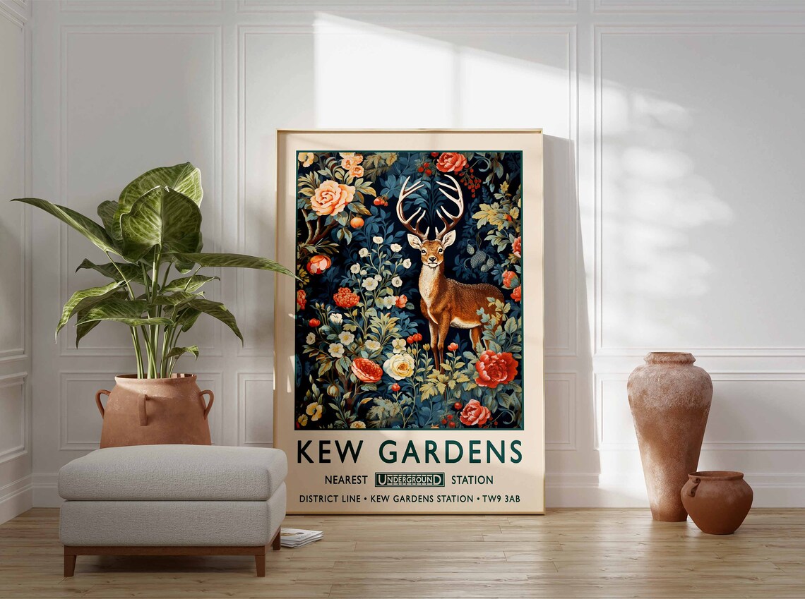 Kew Gardens Stag Floral London Travel Poster Vintage Botanical Art - Image 3