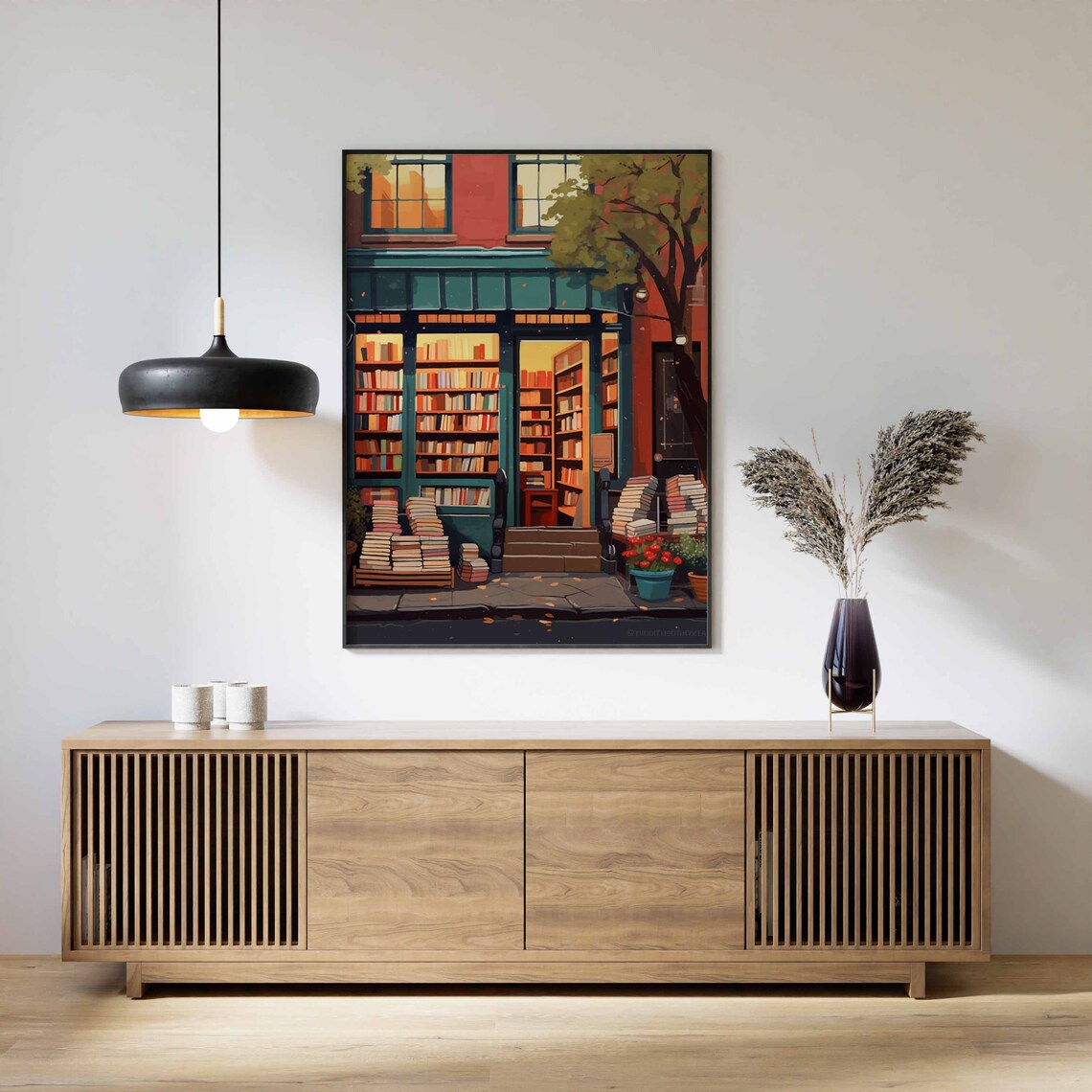 Glowing Bookshop at Night Stacked Books Storefront Reader Gift Art Poster - Image 3