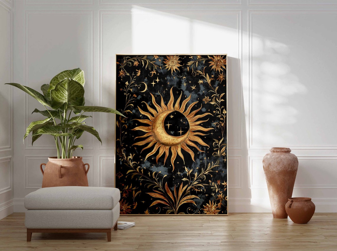 Golden Sun And Moon Rising Through Botanical Night Vines Poster - Image 3