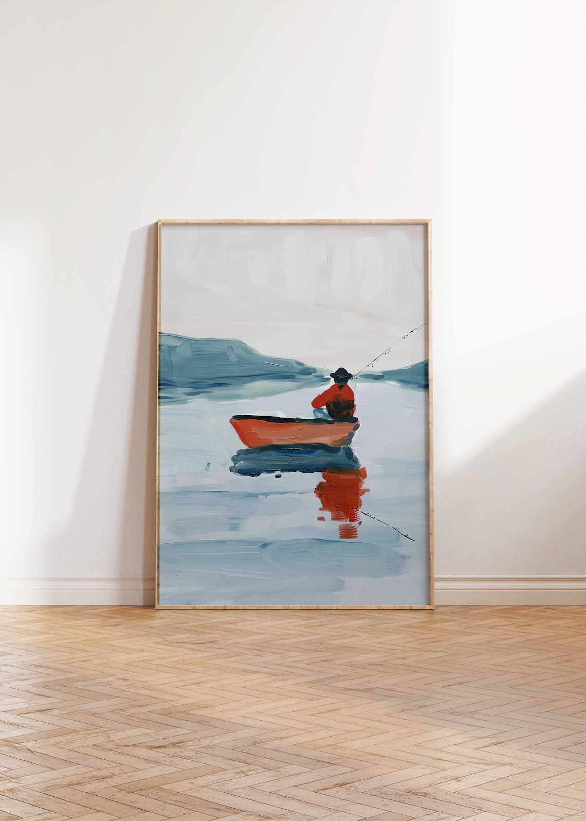 Lone Fisherman Orange Boat on Misty Lake Oil Painting Poster - Image 2