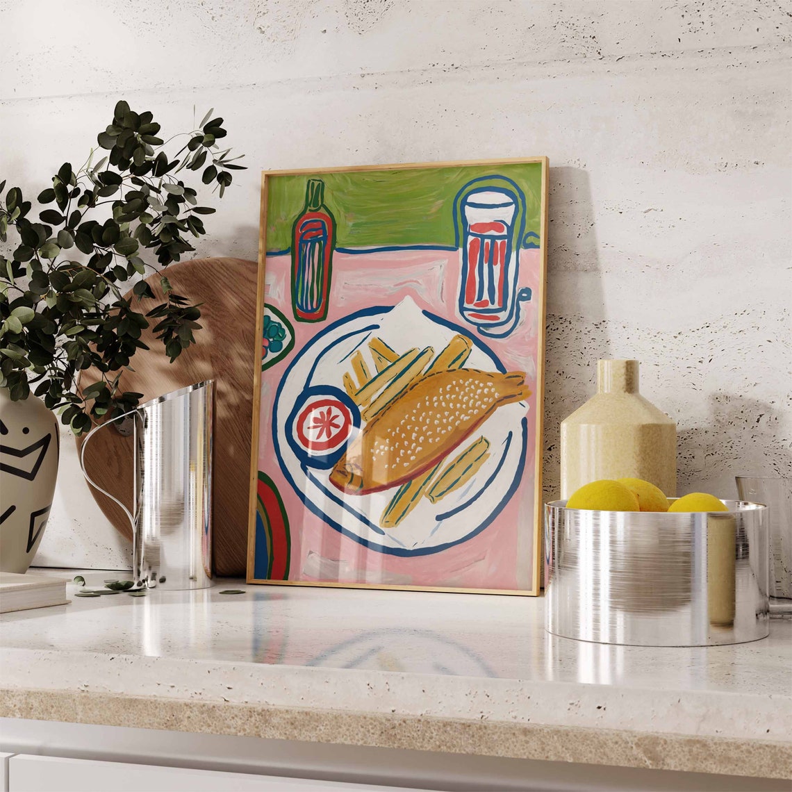 Battered Fish And Chips On Pink Table Bold Pop Food Art Poster - Image 2