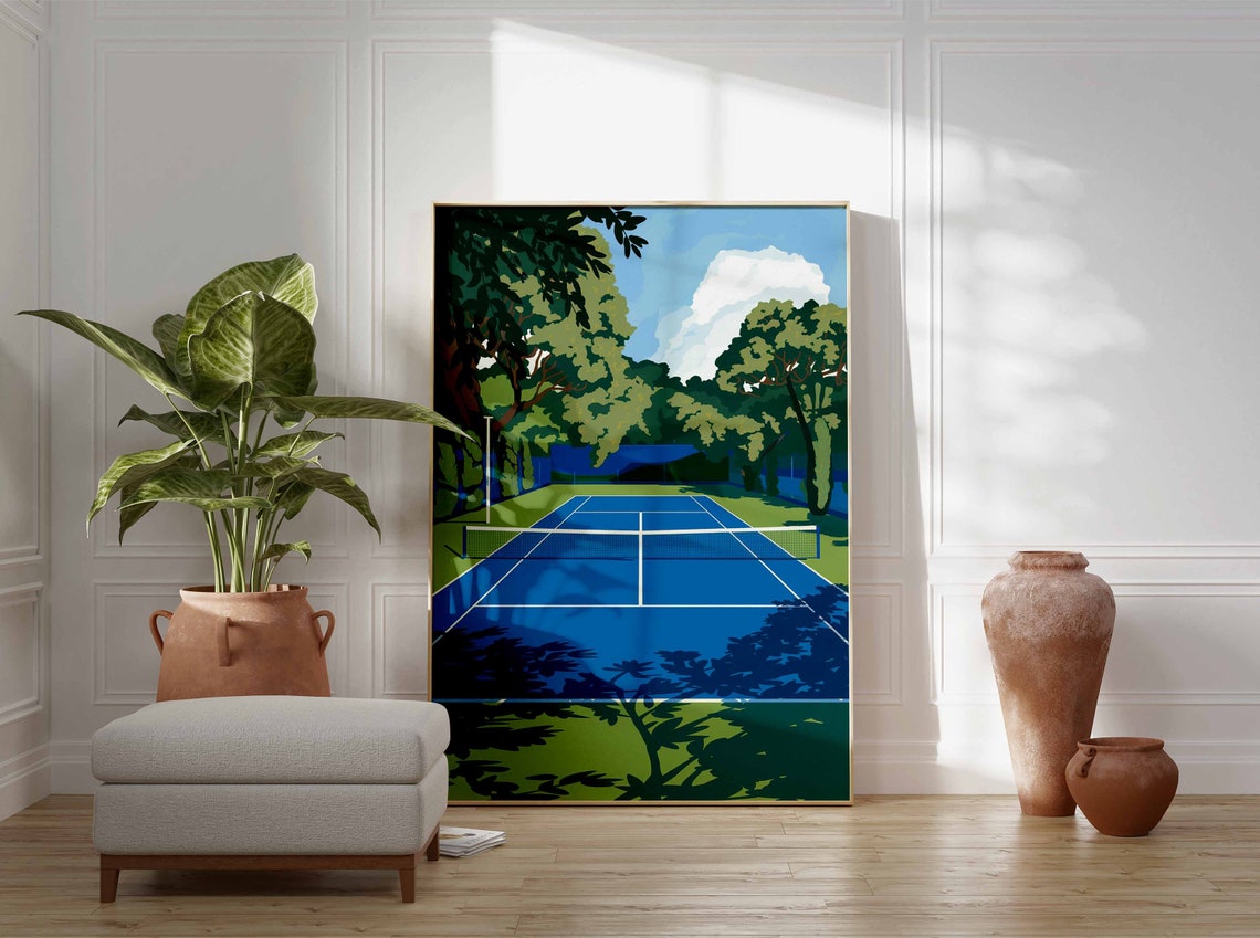 Modern Flat Tennis Court Blue Leaf Shadow Illustration Poster - Image 2