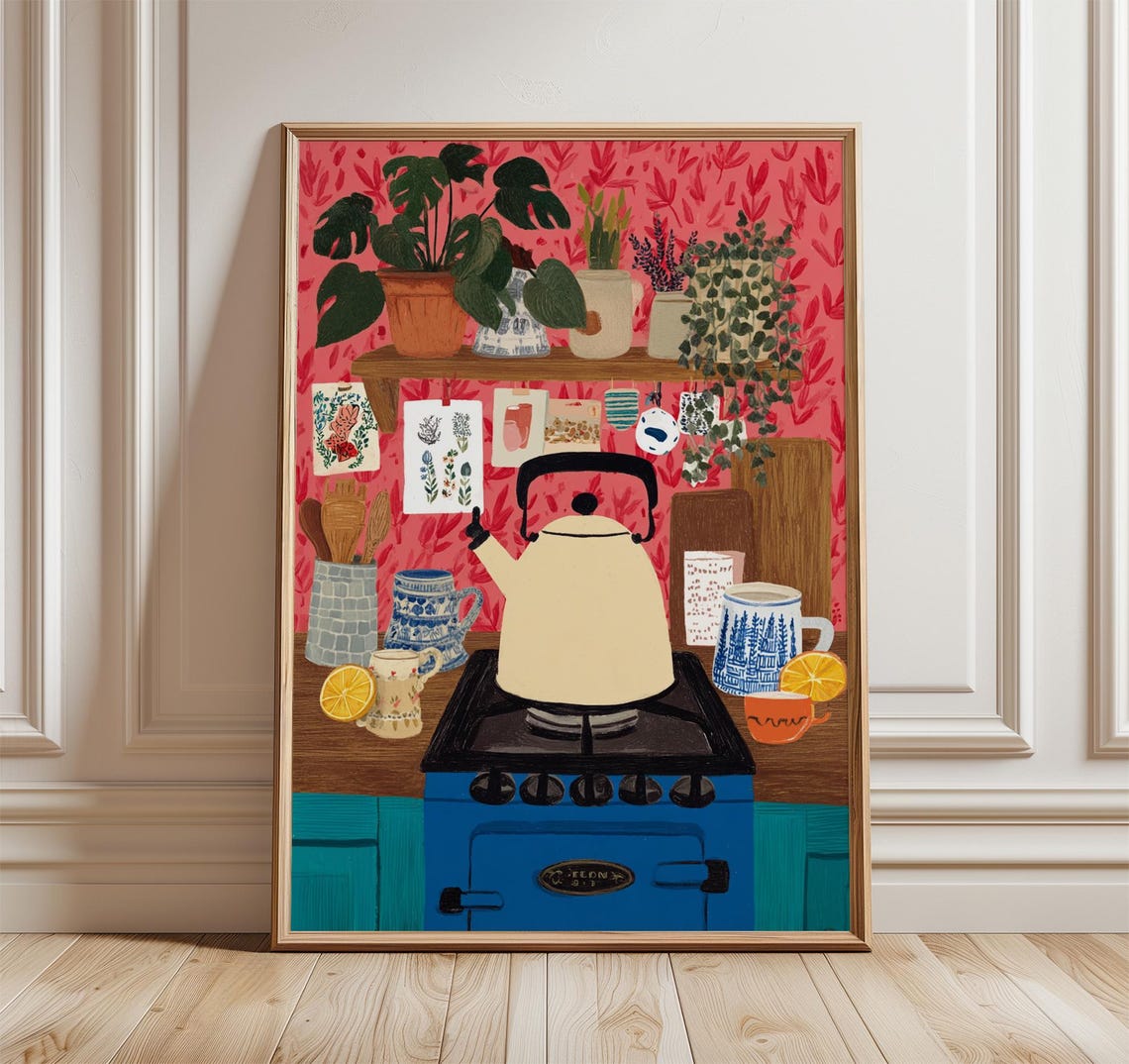 Cozy Kitchen Scene Cream Kettle Blue Range Red Floral Art Poster