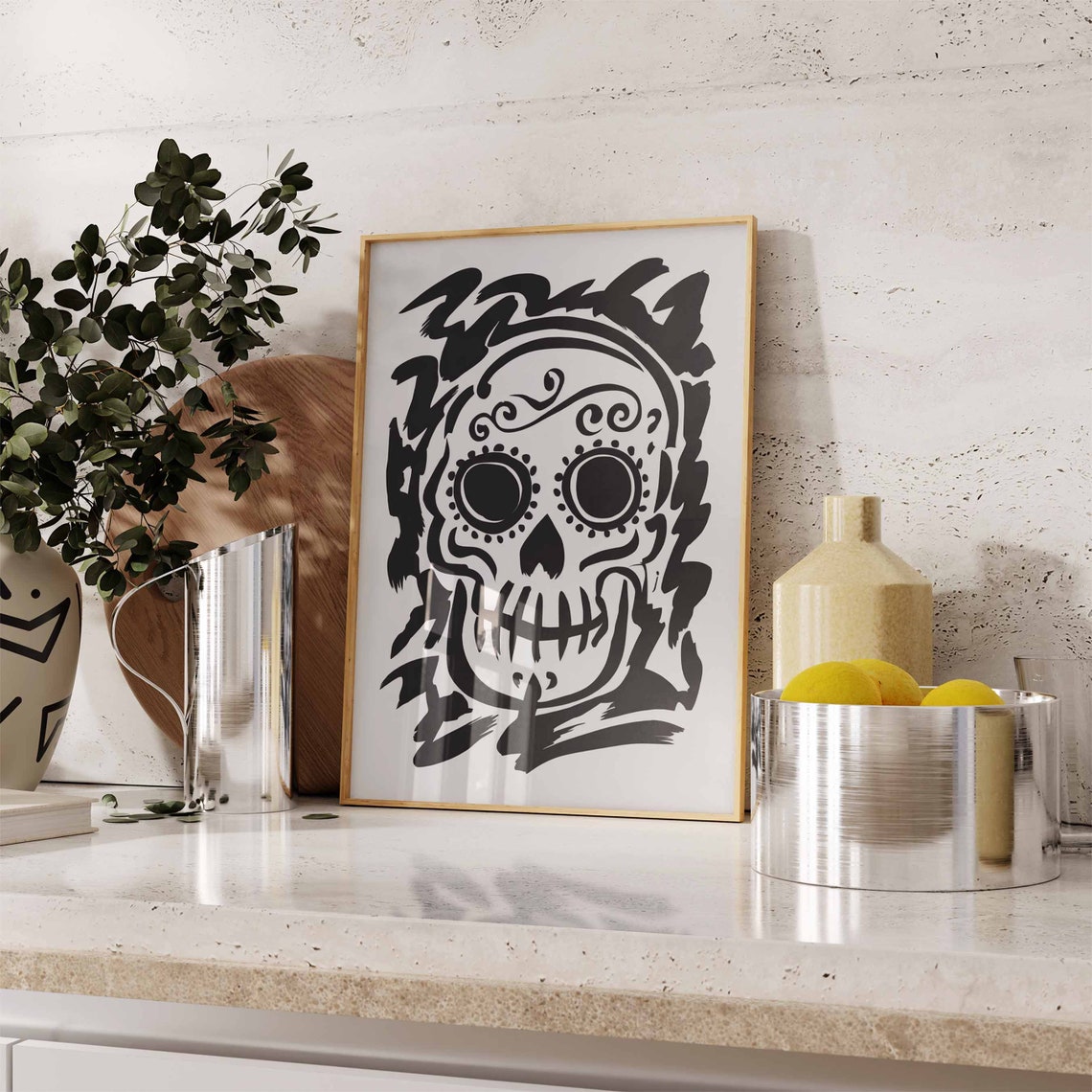 Sugar Skull With Vine Swirls Black Brushstroke Gothic Art Poster - Image 3