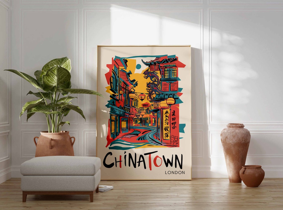 Chinatown London Dragon Mural Street Bold Graphic Art Poster - Image 3