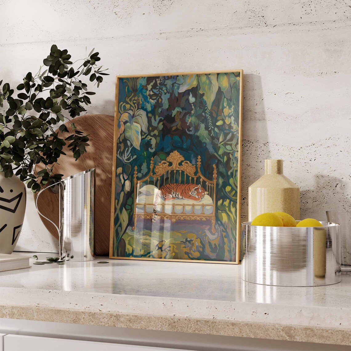 Sleeping Baby Tiger on Brass Bed in Painted Jungle Art Poster - Image 2