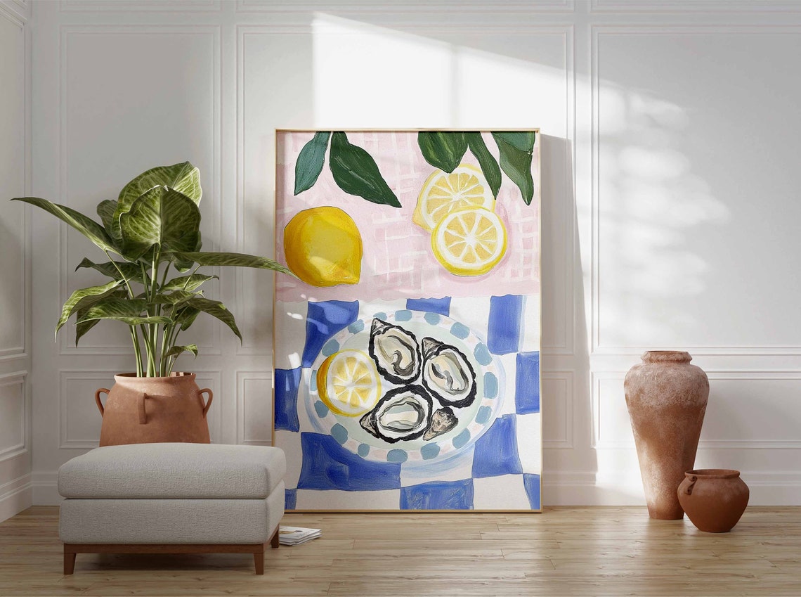 Oysters Lemon Slices Blue Gingham Coastal Kitchen Food Wall Art - Image 3