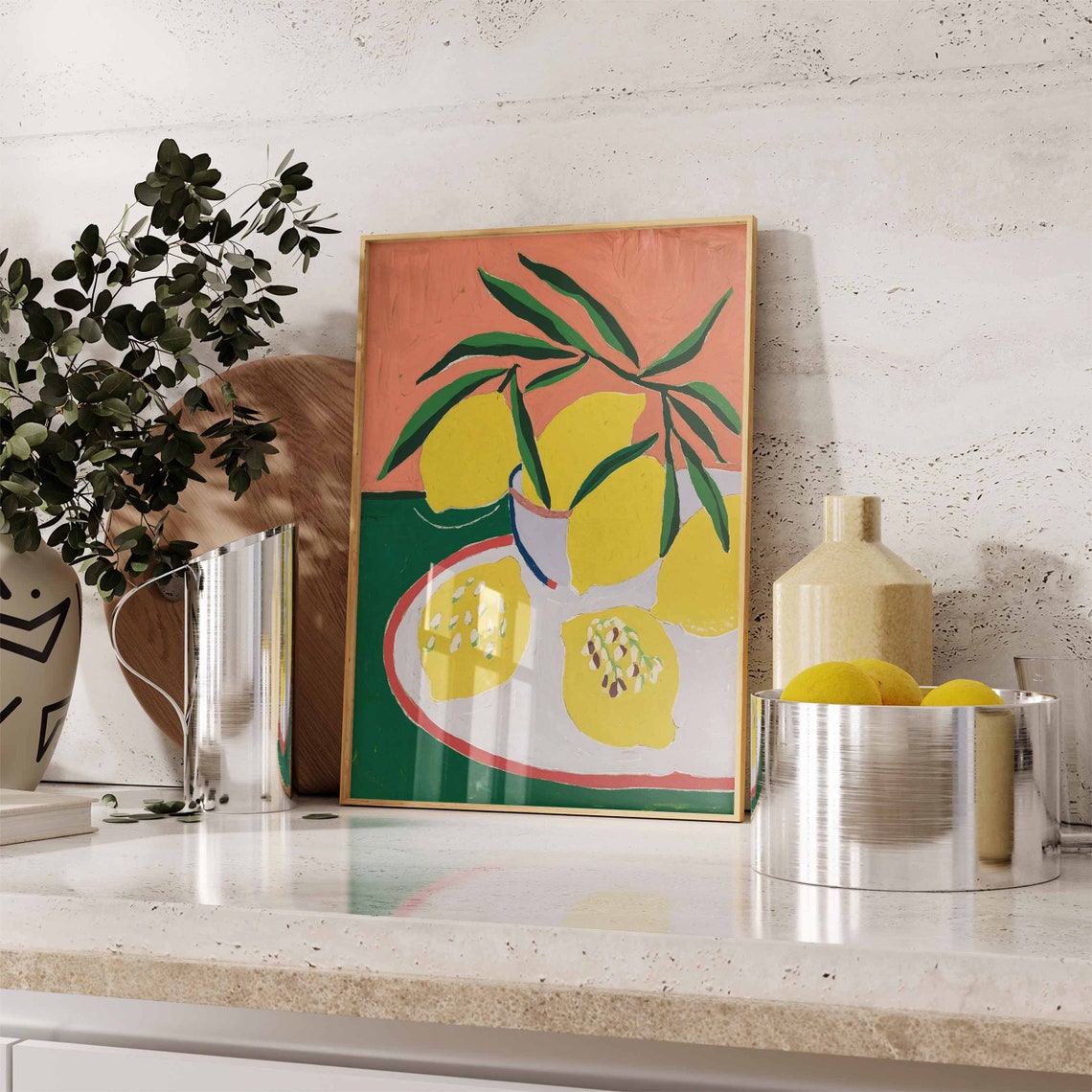 Lemons On A Platter With Blossoms Bold Citrus Still Life Poster - Image 2