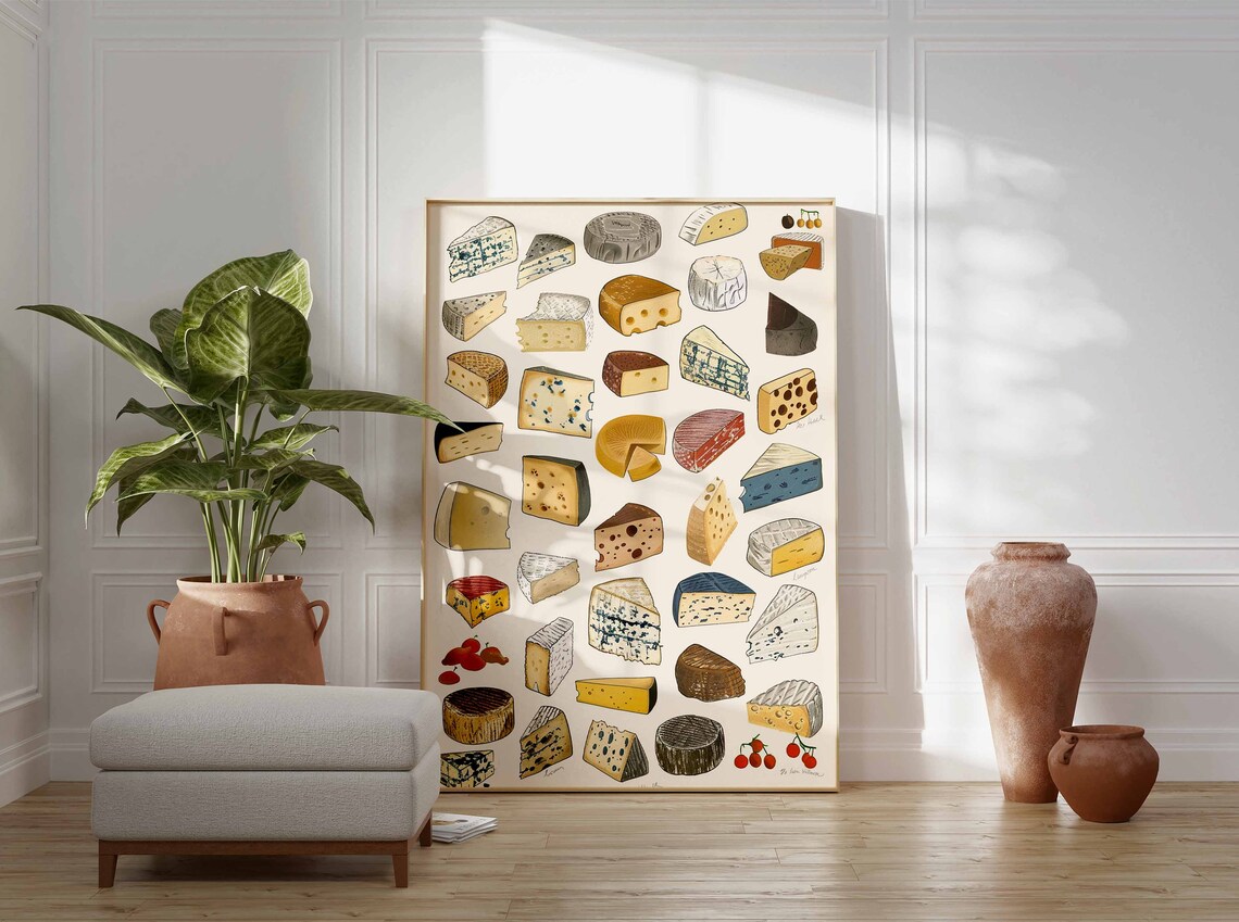 Cheese Varieties Illustrated Gourmet Food Poster for Kitchen Wall - Image 3