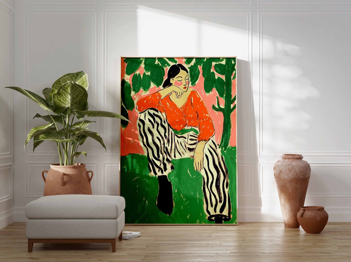 Dreaming Woman Orange Top Zebra Pants Leafy Portrait Art Poster - Image 2