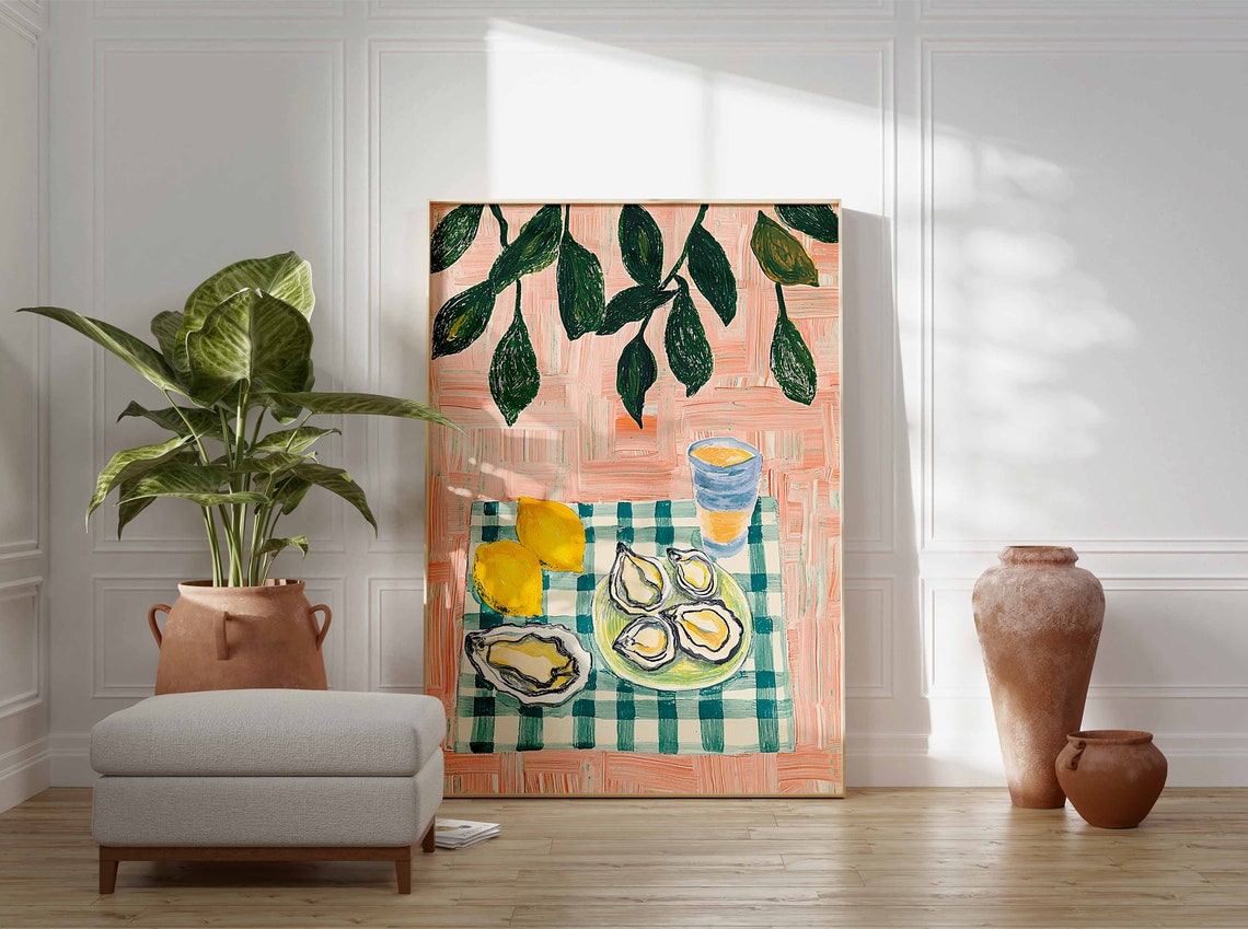 Oysters Lemons Orange Juice Green Gingham Summer Kitchen Wall Art - Image 3