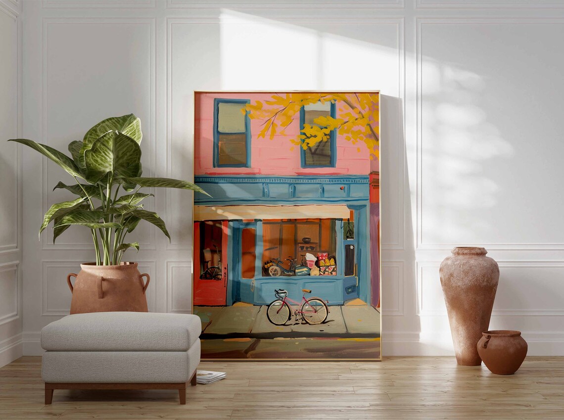 Pink Blue Storefront Pink Bicycle Autumn Tree Street Art Poster - Image 3