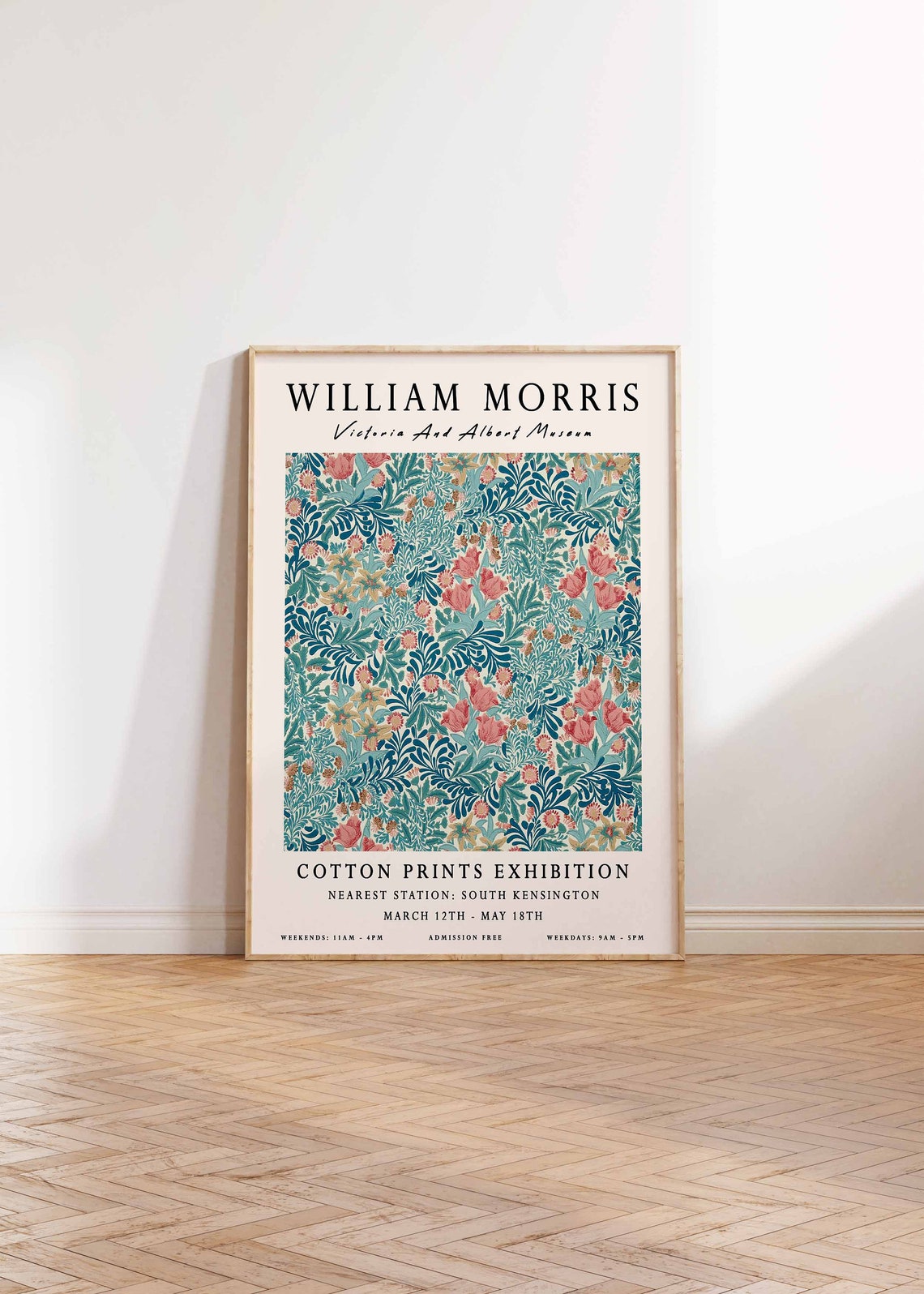 William Morris Teal Pink Floral Museum Exhibition Style Art Poster - Image 3