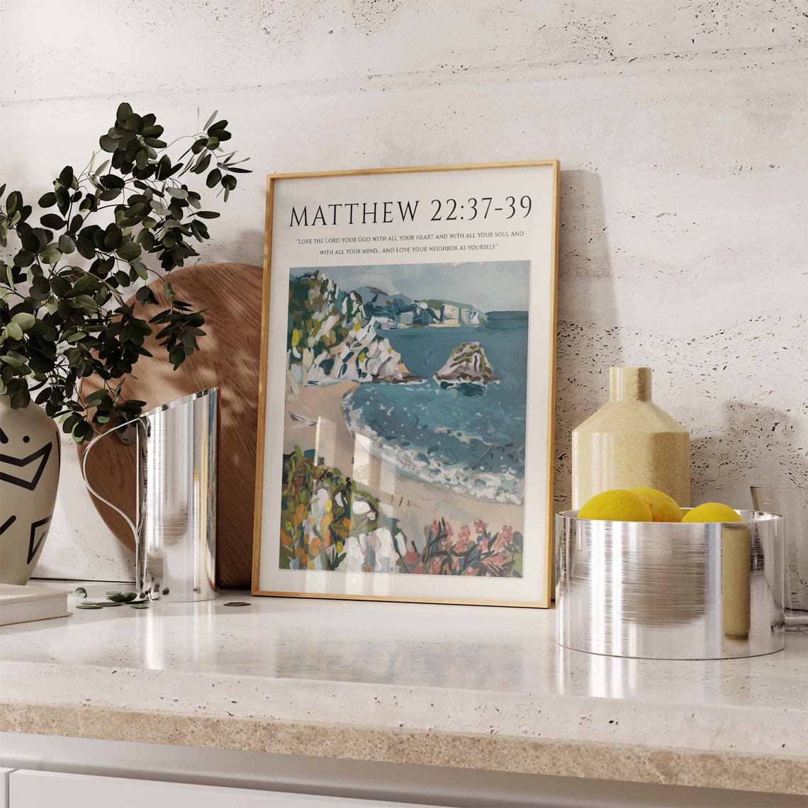 Matthew 22:37-39 Bible Verse Sandy Cove Love God Seascape Art Print - Image 3