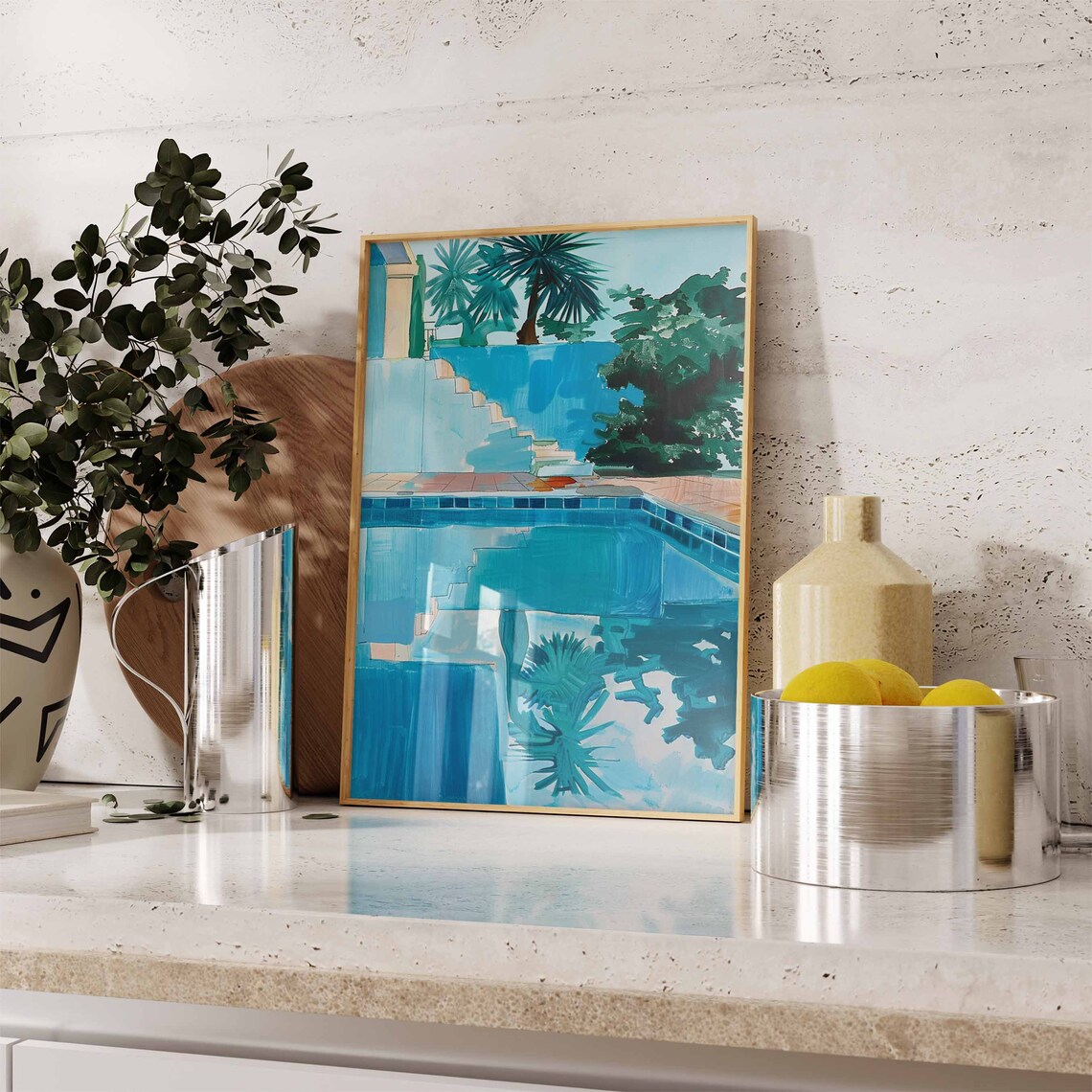 Swimming Pool Painting Turquoise Water Palm Trees Summer Poster - Image 3