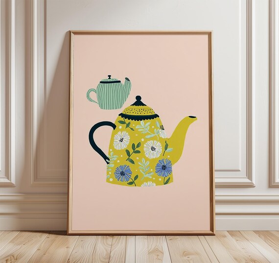 Yellow Floral Teapot Kitchen Print On Pastel Pink Scandinavian Still Life