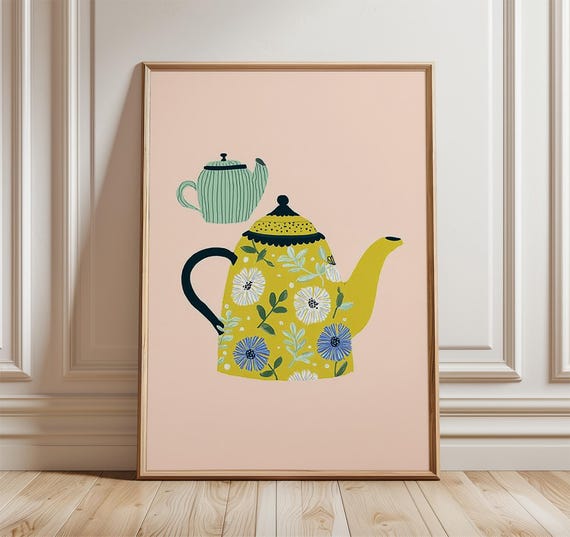 Yellow Floral Teapot Wall Art Modern Kitchen Print With Pastel Pink Background Scandinavian Still Life Poster For Dining Room Decor