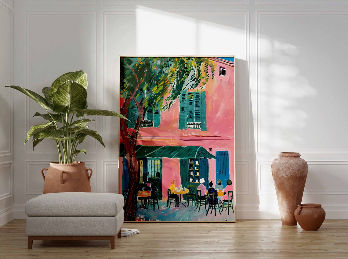 Pink Cafe Terrace Outdoor Dining Colorful Street Scene Poster - Image 2