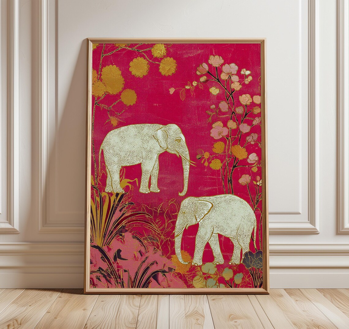 Two White Elephants Pink Gold Floral Bohemian Jungle Art Poster