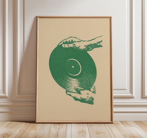 Minimalist Vinyl Record Poster Retro Music Wall Art Vintage Turntable Print Green Player Illustration Mid Century Decor