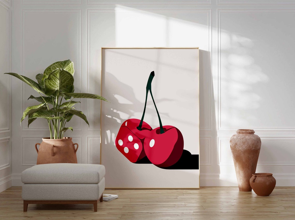 Cute Red Dice and Cherry Long Stems Retro Pop Art Fruit Poster - Image 3