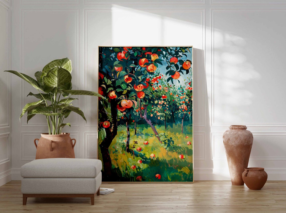 Red Apple Orchard with Fallen Fruit Harvest Impressionist Poster - Image 3