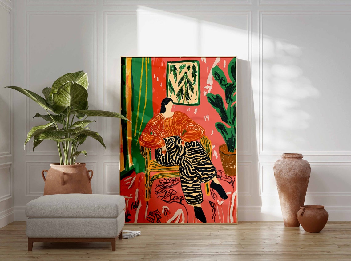 Woman in Orange Sweater and Zebra Pants Colorful Botanical Poster - Image 2