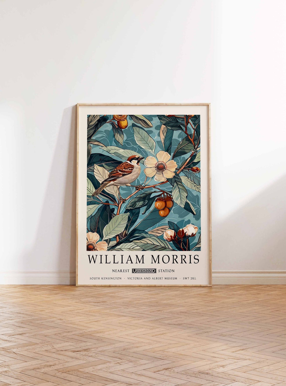 William Morris Bird on Branch With White Blossoms Teal Art Poster - Image 2