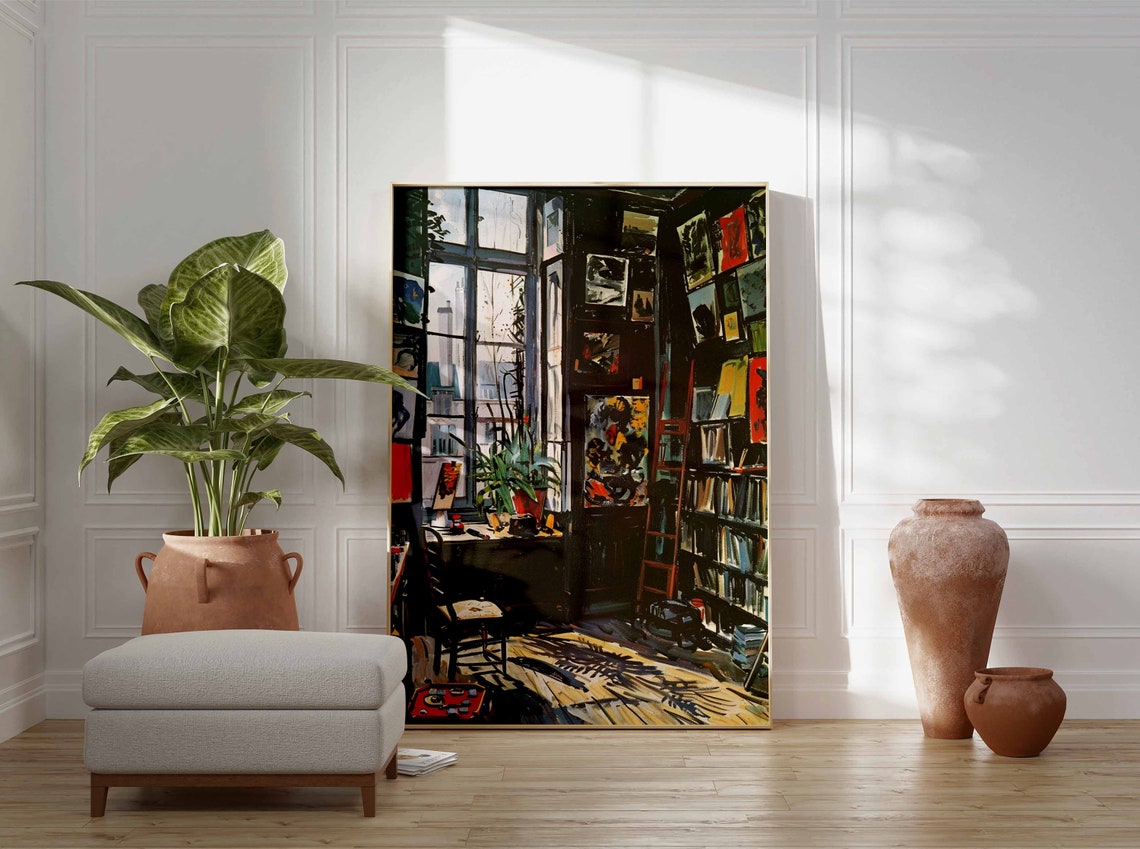 Dark Book Filled Study with French Windows Gallery Walls Poster - Image 3