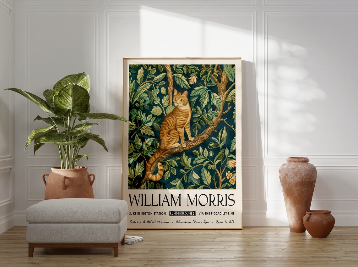 William Morris Cat Print, Floral Cat Art Poster - Image 3