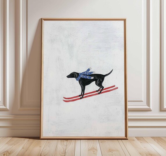 Skiing Dog Wall Art Print Funny Winter Sports Poster Black Illustration Whimsical Animal Artwork Ski Lodge Cabin Decor