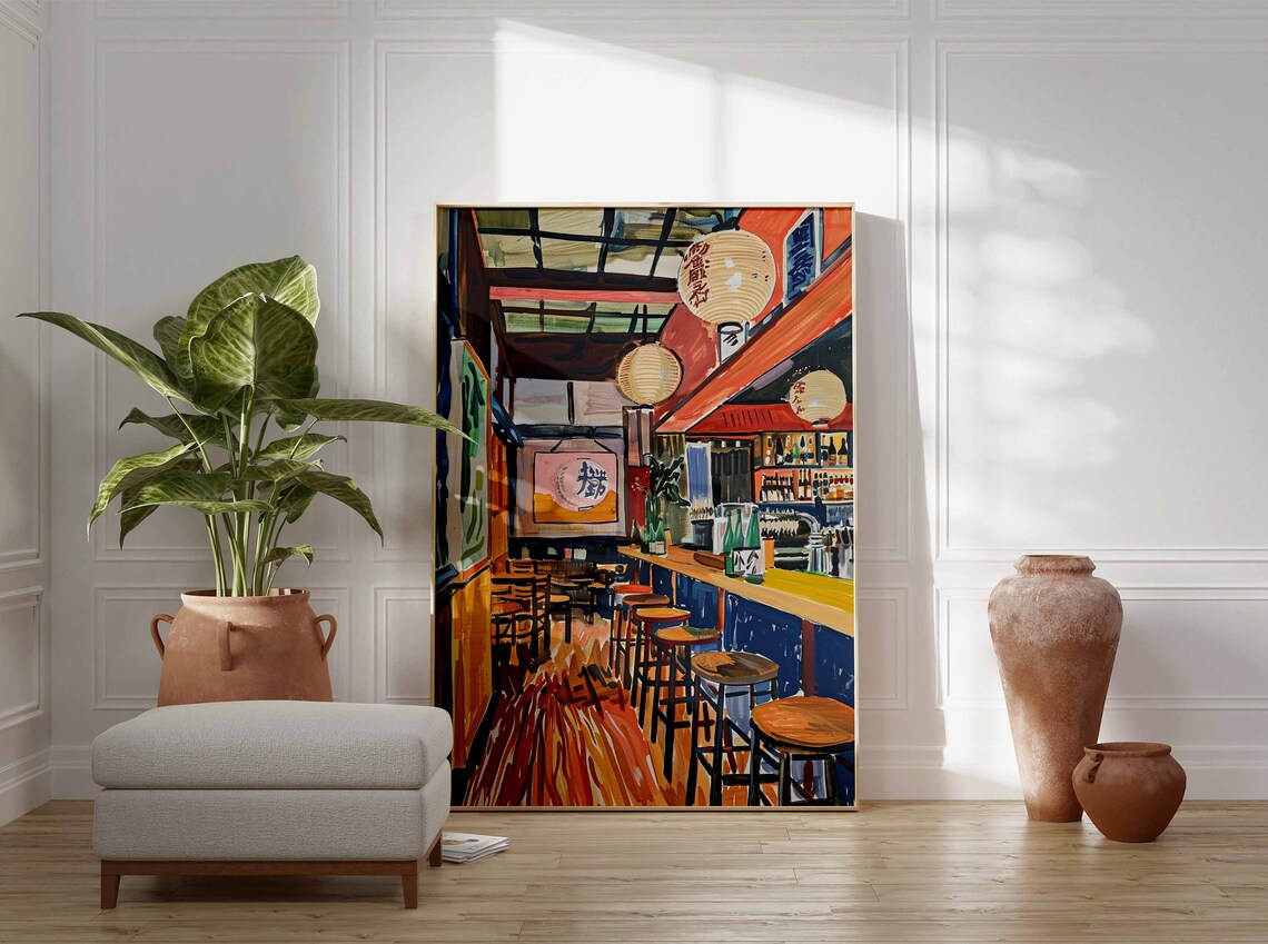 Japanese Izakaya Bar Empty Bar Stools Warm Lantern Glow Painting Poster - Image 3