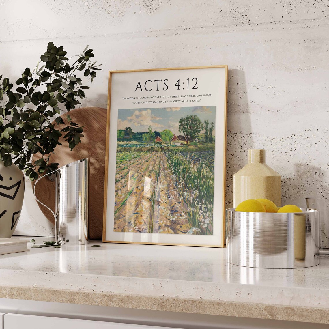 Acts 4:12 Bible Verse Sunlit Farmland Field Salvation Art Print - Image 3