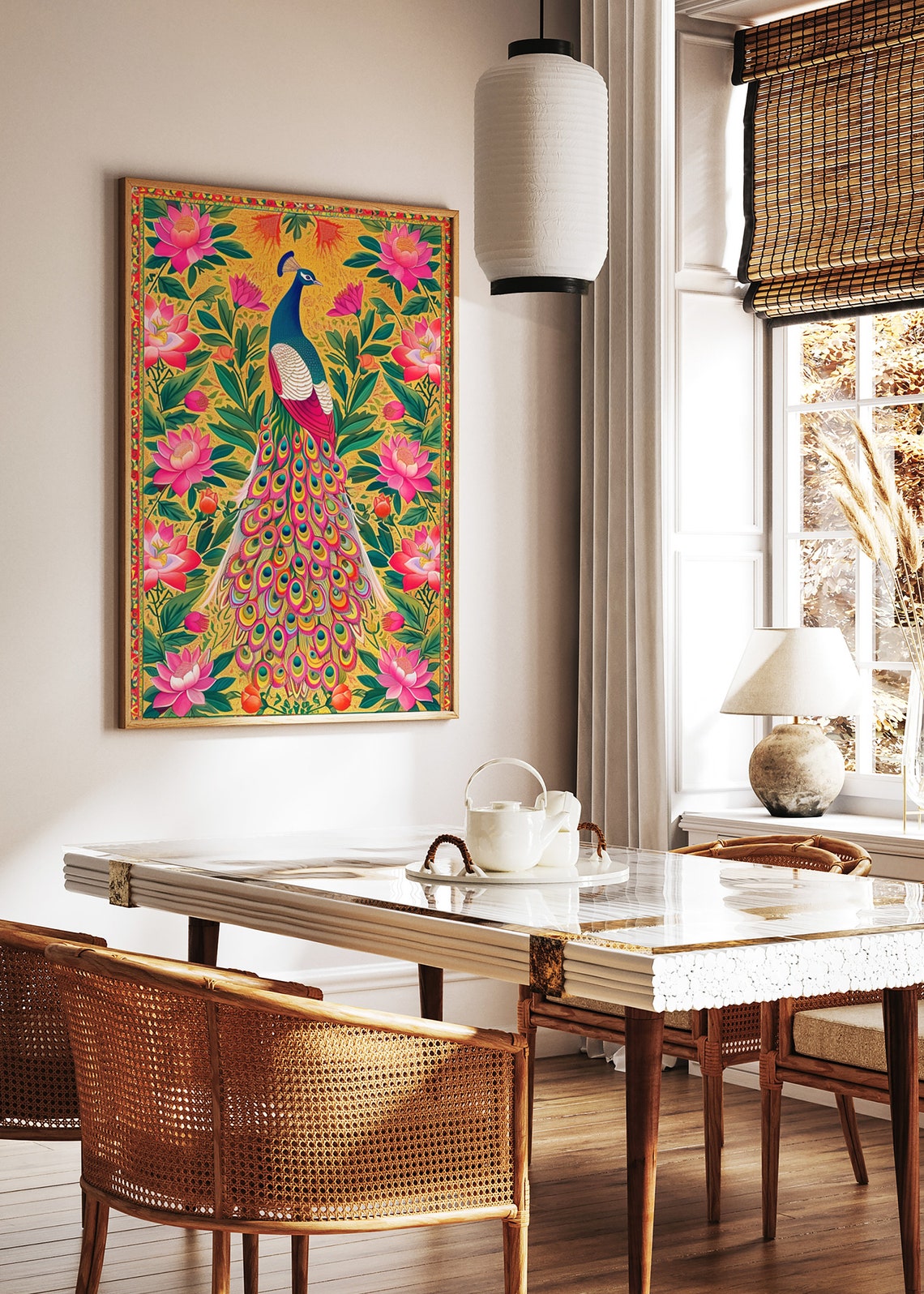Indian Peacock Pichwai Style Folk Art Lotus Flower Bird Poster - Image 2