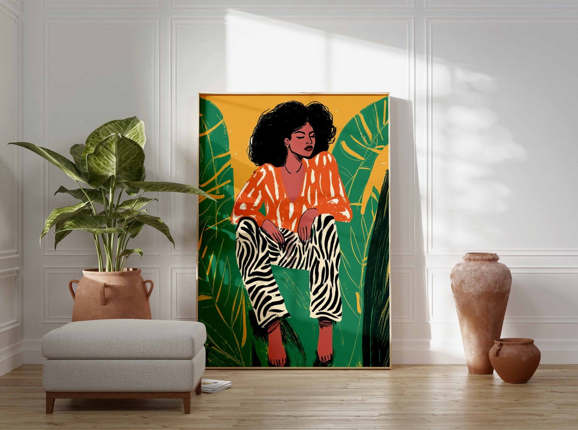 Woman With Afro in Zebra Pants Bold Colorful Botanical Art Poster - Image 2