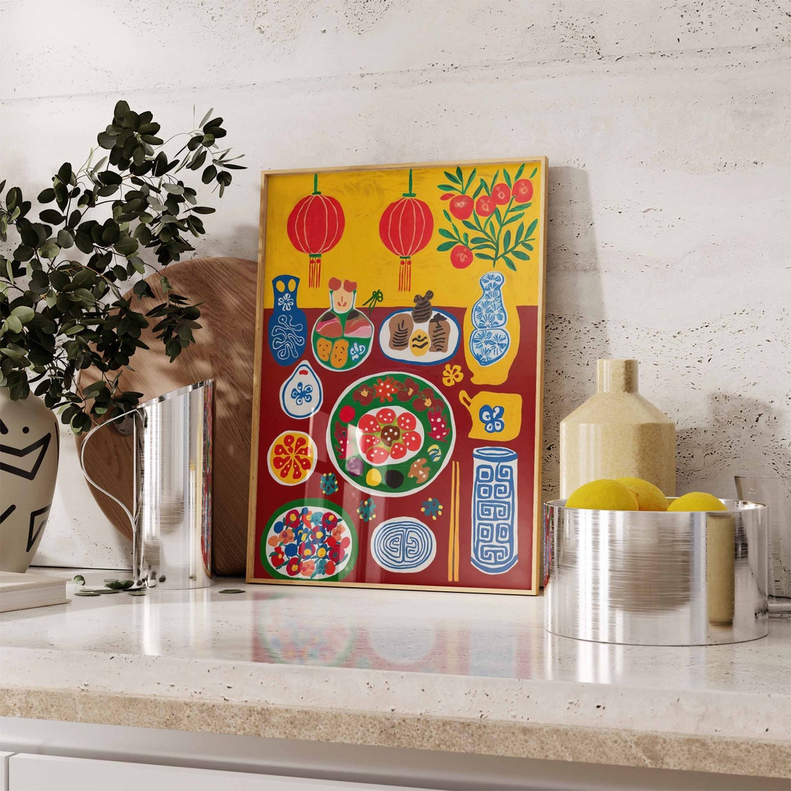 Lunar New Year Feast Folk Art Red Lantern Dim Sum Table Poster - Image 2