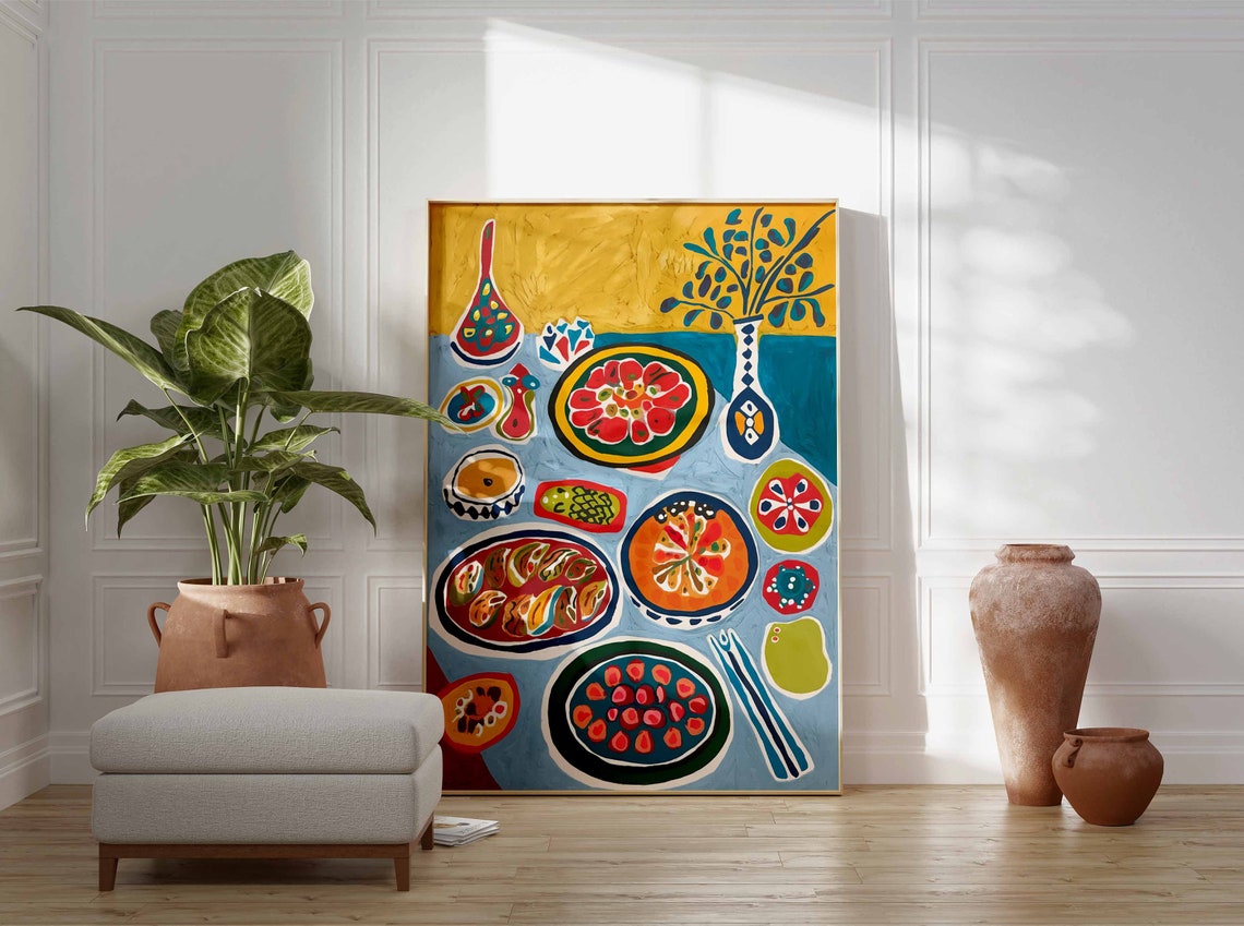 Colorful Folk Art Feast Table Dumplings Citrus Pattern Poster - Image 3